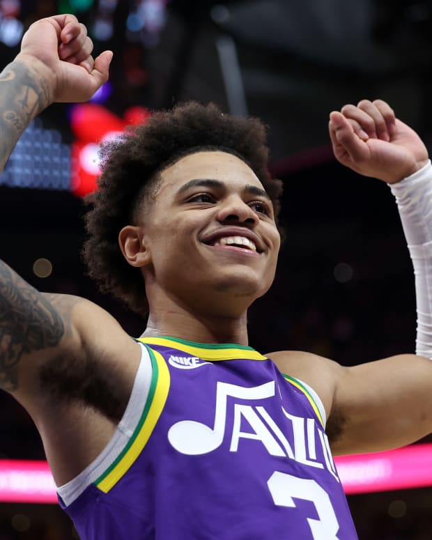Nov 27, 2023; Salt Lake City, Utah, USA; Utah Jazz guard Keyonte George (3) celebrates a victory over the New Orleans Pelicans at Delta Center.
